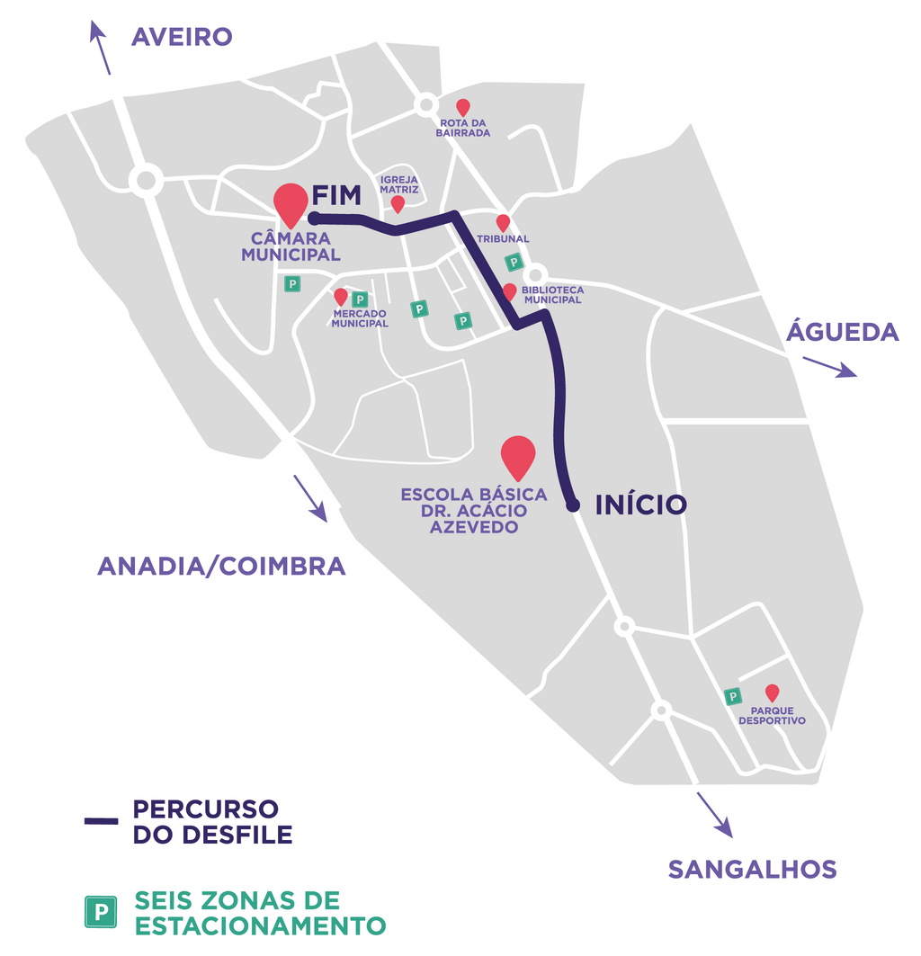 Imagem com o percurso do corso na cidade de Oliveira do Bairro